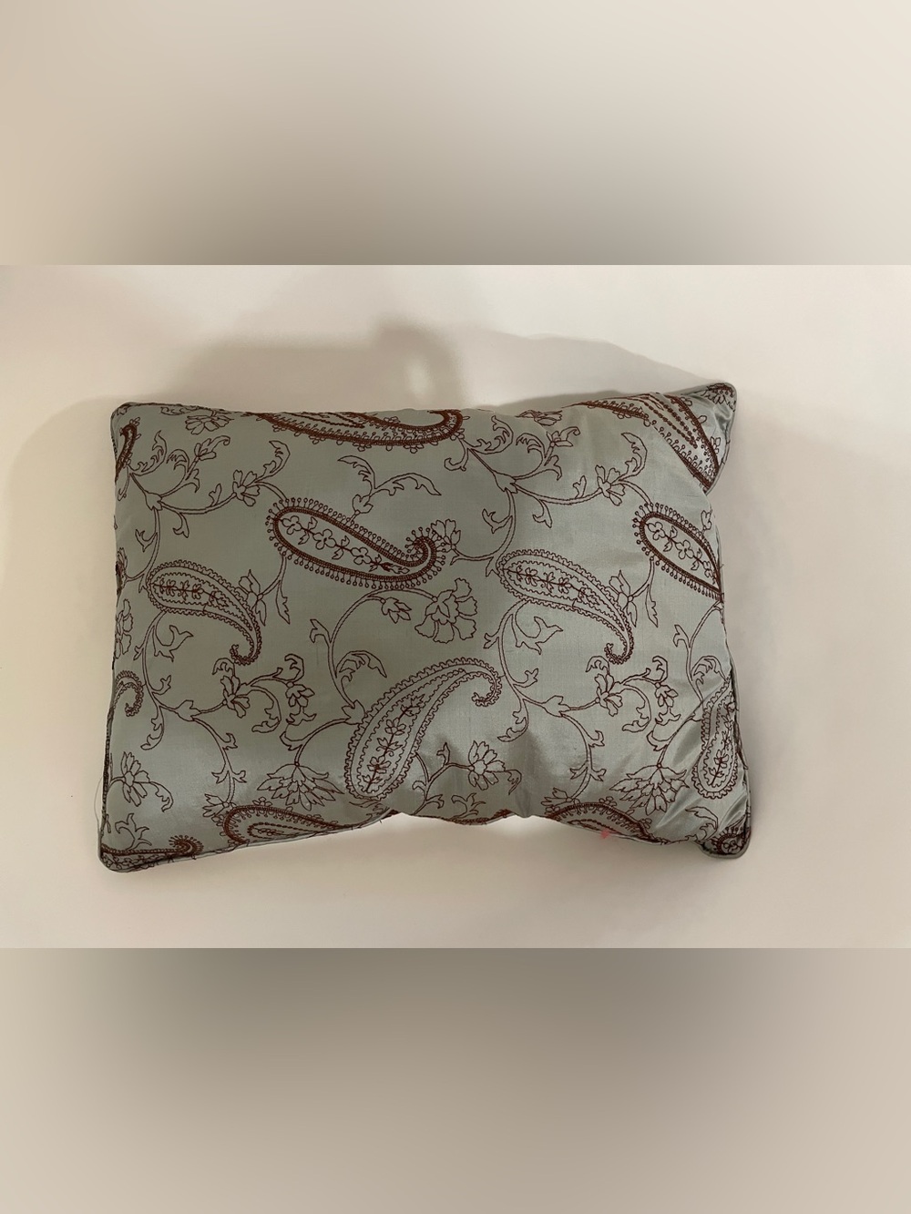 Decorative Pillow Dusty Blue Green with Embroidered Brown Paisley Pattern